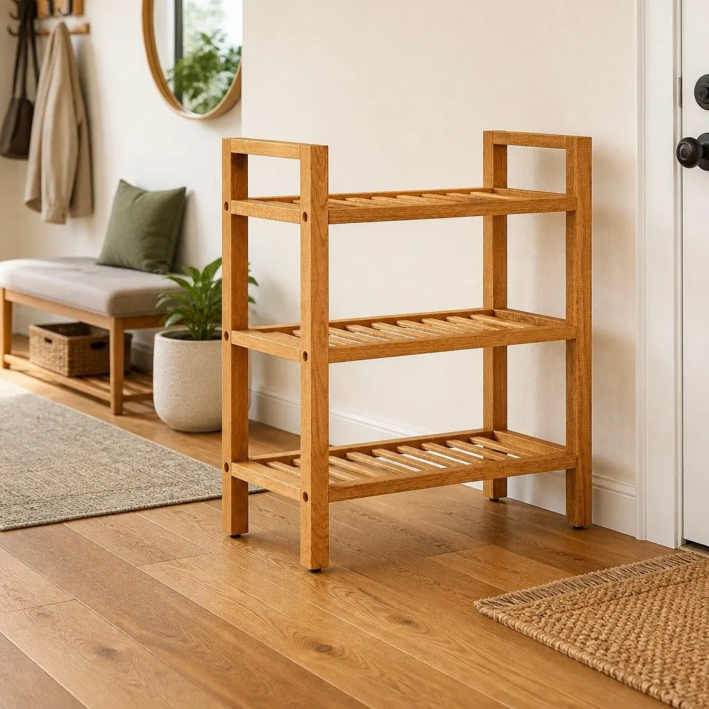 Wooden Shoe Rack Storage Organiser 3 Shelves Brown Solid Oak Wood Hallway