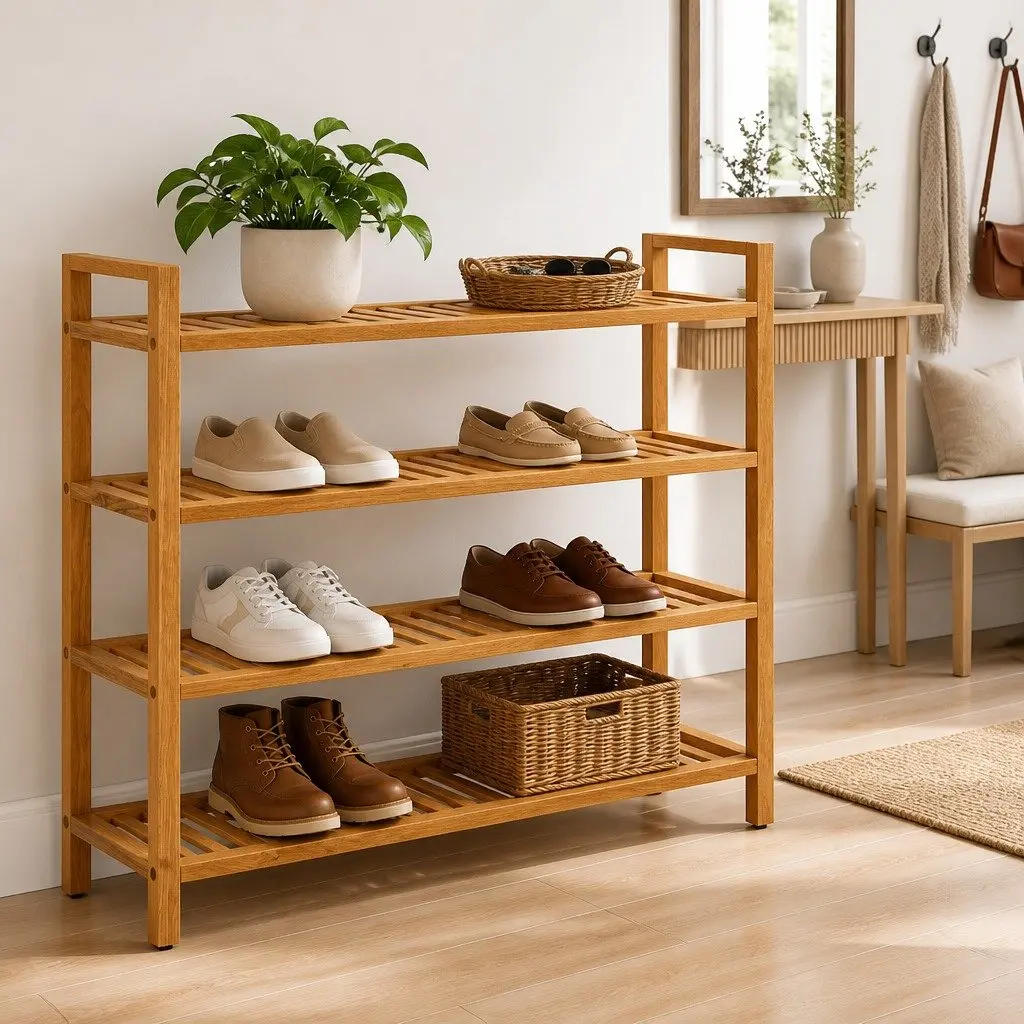 Shoe Rack Organiser 4 Tier 100x27x80cm Brown Solid Wood