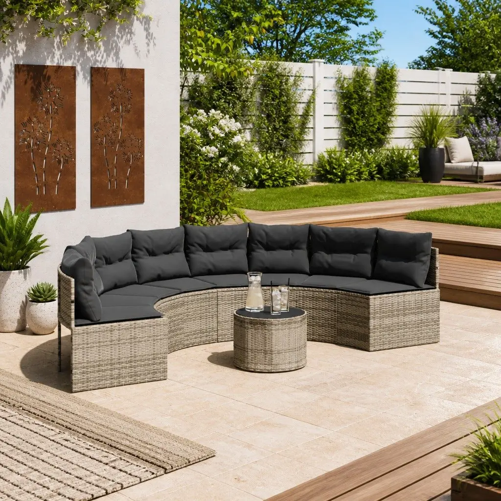 Half-Round Garden Sofa Set Grey Outdoor Furniture with Table