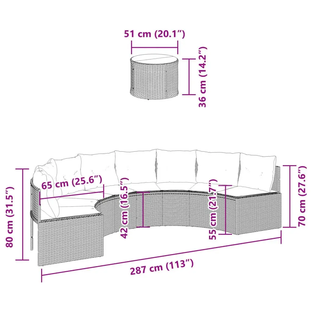 Half-Round Garden Sofa Set Grey Outdoor Furniture with Table