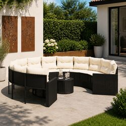 Round Garden Sofa Set with Coffee Table Cushions Outdoor Patio Black Rattan