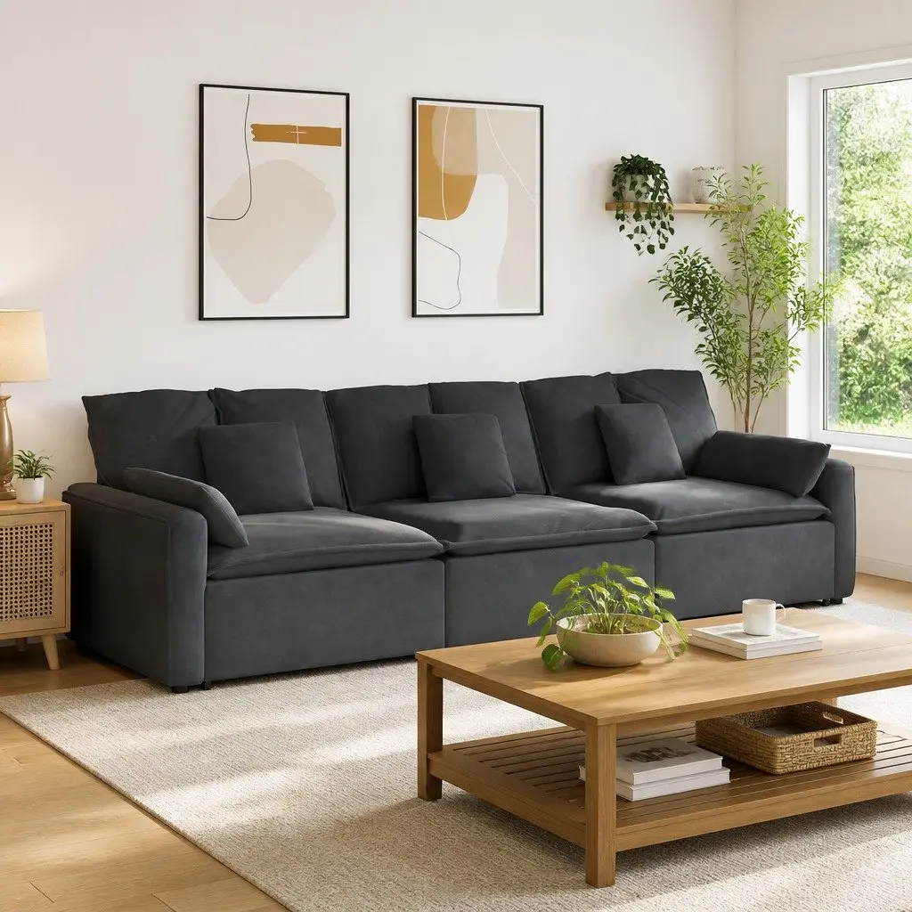 Three Section Modular Sofa Unit Grey Velvet Living Room Couch