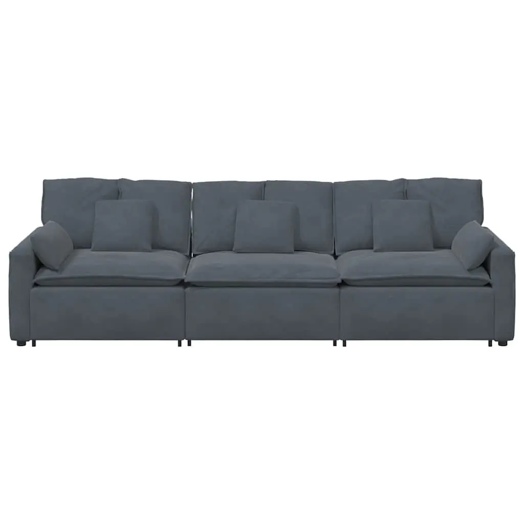 Three Section Modular Sofa Unit Grey Velvet Living Room Couch