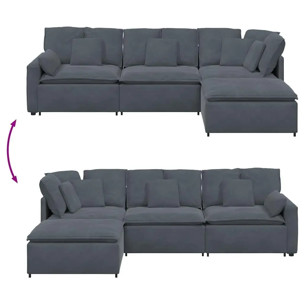 Modular Sectional Sofa Grey Velvet Four Sections with Footstool for Living Room