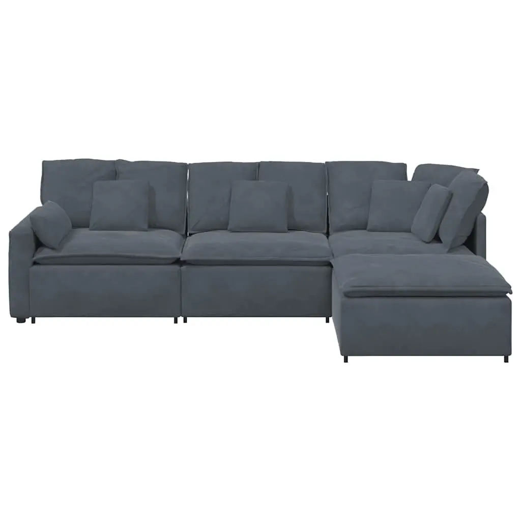 Modular Sectional Sofa Grey Velvet Four Sections with Footstool for Living Room