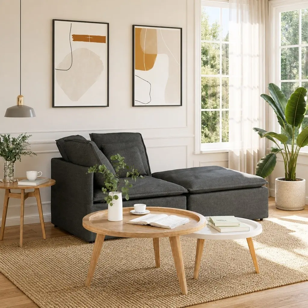 Grey Modular Sectional Sofa with Footstool