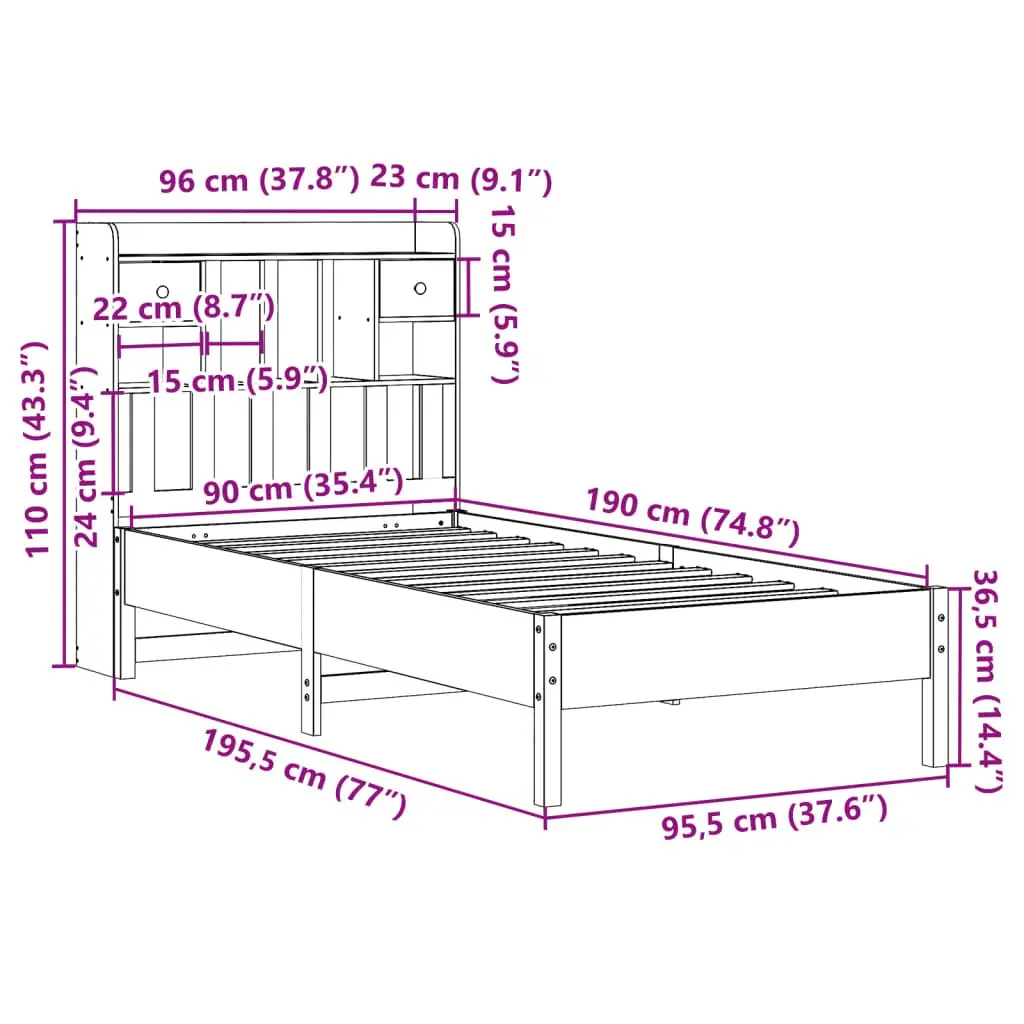Bookcase Bed Frame 90x190cm Solid Pine Wood Slatted Base Bedroom Furniture