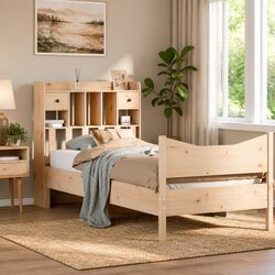 Bed Frame 90x190 cm Solid Pine Wood Slatted Base Storage Headboard Brown