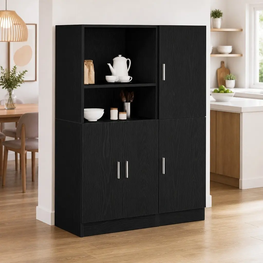 2 Piece Kitchen Cabinet Set Black Wall Mounted Storage Shelves