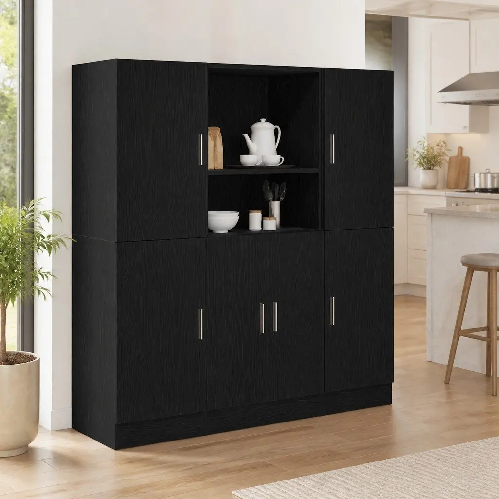 3 Piece Black Kitchen Cabinet Set Wall Mount Storage Shelving Engineered Wood