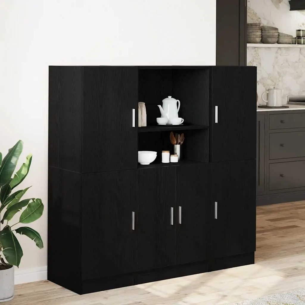 3 Piece Black Kitchen Cabinet Set Wall Mount Storage Shelving Engineered Wood