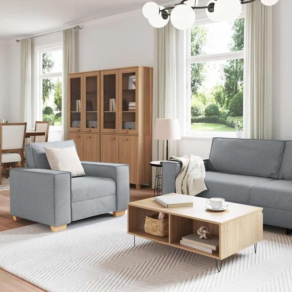 3 Piece Sofa Set Light Grey Linen-Blend Fabric Living Room Sectional Furniture