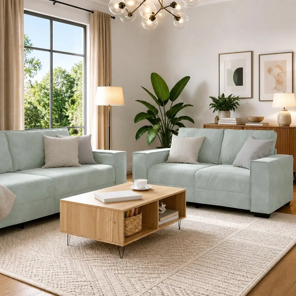 Sofa Set Grey Linen-Blend Living Room Furniture 3 Piece