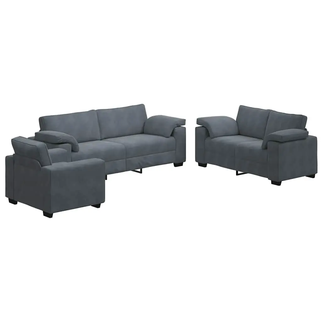 3 Piece Sofa Set Grey Velvet Lounge Suite Living Room Furniture Cushioned Couch