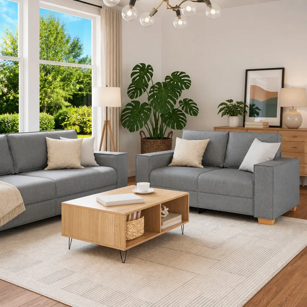 Sofa Set Grey Fabric Living Room Lounge Couch 2 Piece with Cushions