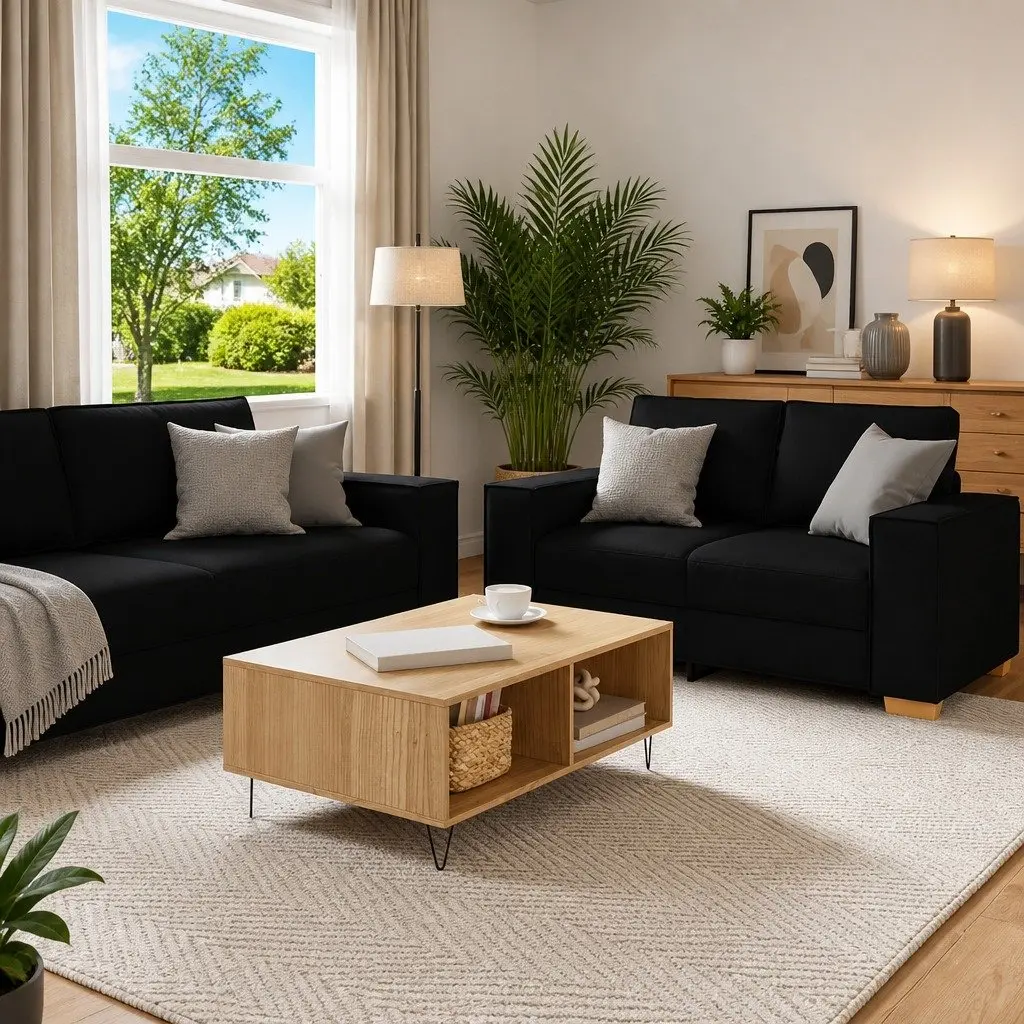 2 Piece Sofa Set Black Fabric Living Room Lounge Couch