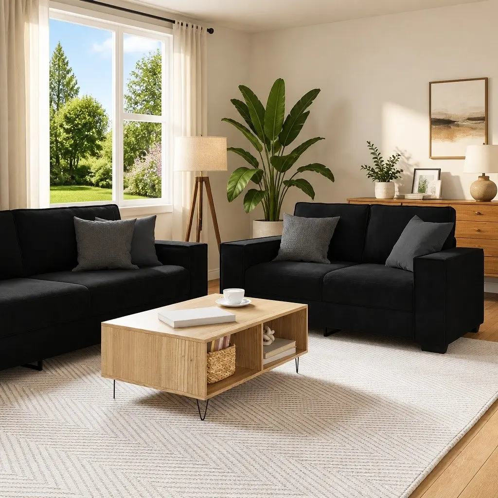 Sofa Set Velvet Living Room Furniture 2 Piece Black