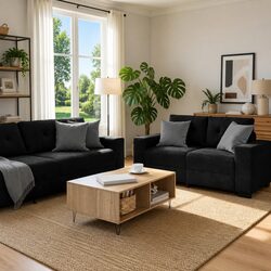 2 Piece Sofa Set Black Velvet Lounge Suite Comfortable Padded Seat Armrests