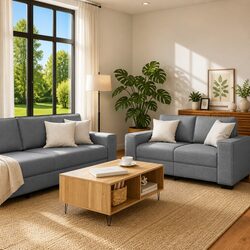 2 Piece Sofa Set Grey Fabric Living Room Lounge Couch with Cushions Armrests