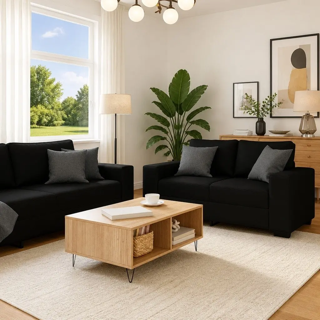 2 Piece Sofa Set Black Fabric Lounge Suite Living Room Furniture