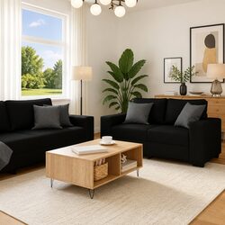 2 Piece Sofa Set Black Fabric Lounge Suite Living Room Furniture Armrests
