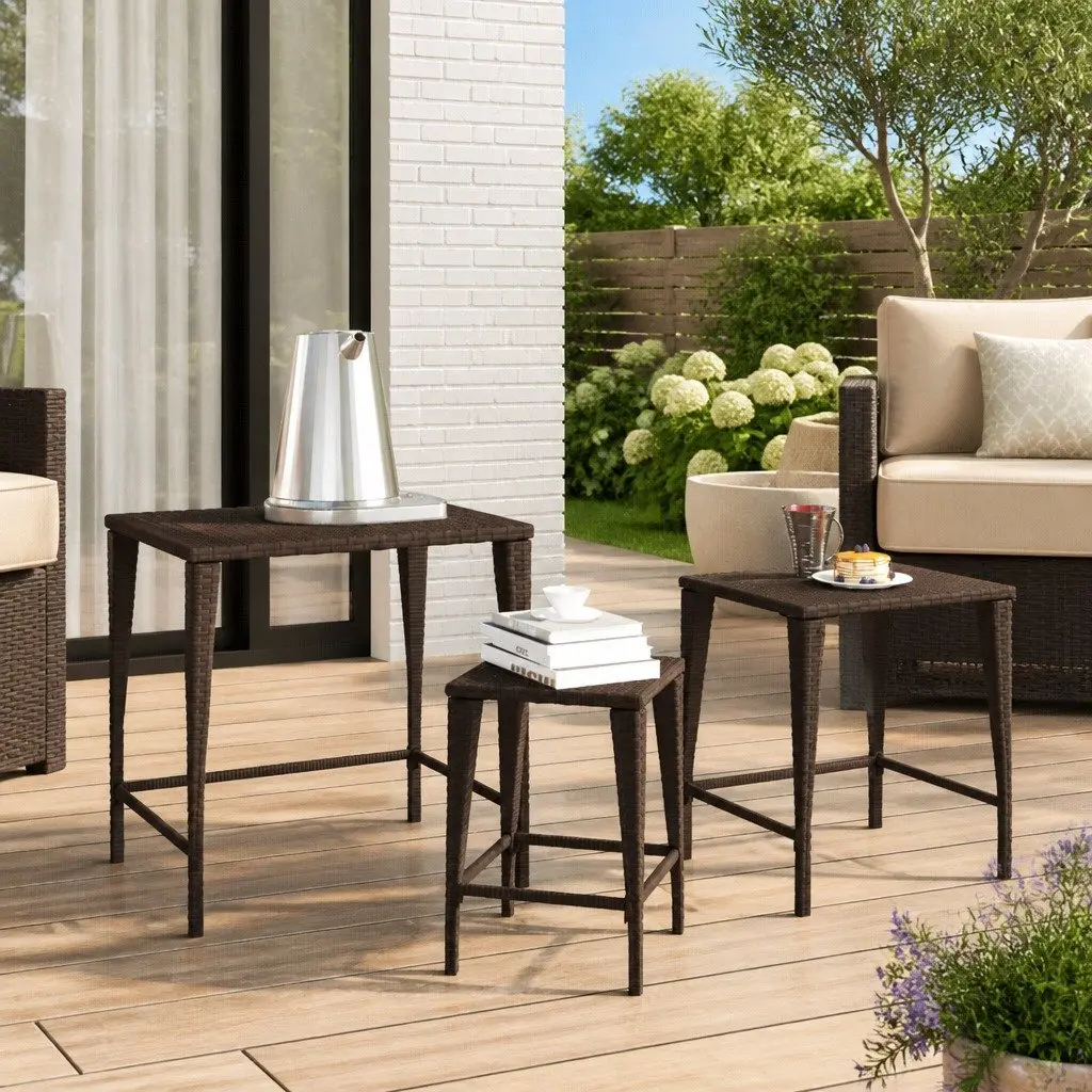 Nesting Tables Brown Outdoor Furniture 3 Piece Stackable Patio Side Table