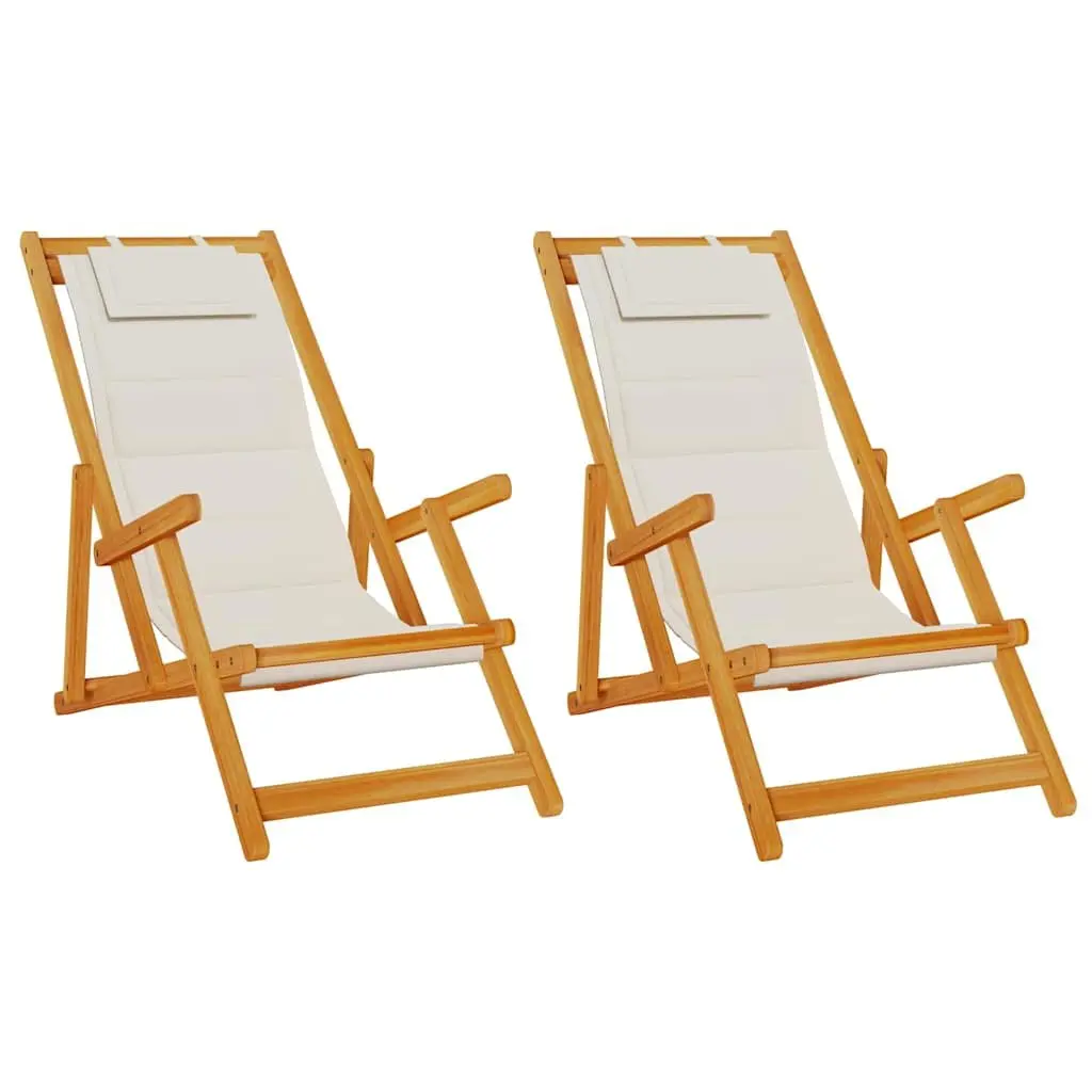 Folding Beach Chair Set 2 pcs Adjustable Reclining Brown Acacia Wood Outdoor Garden Patio Seating