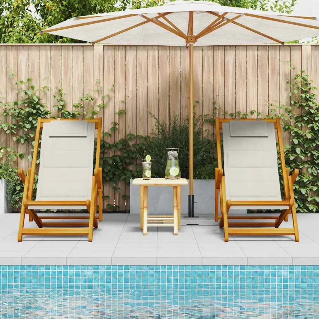 Folding Beach Chair Set 2 pcs Adjustable Reclining Brown Acacia Wood Outdoor Garden Patio Seating