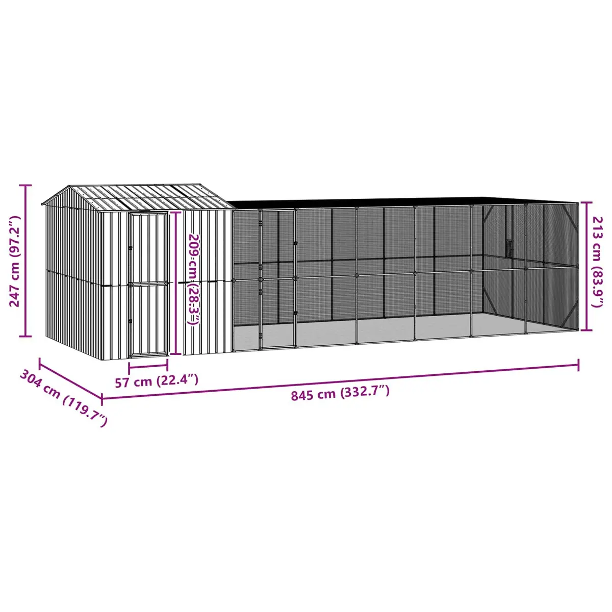 Bird Cage Outdoor Rectangular Aviary Shelter 845 x 304 x 247 cm Anthracite Galvanised Steel