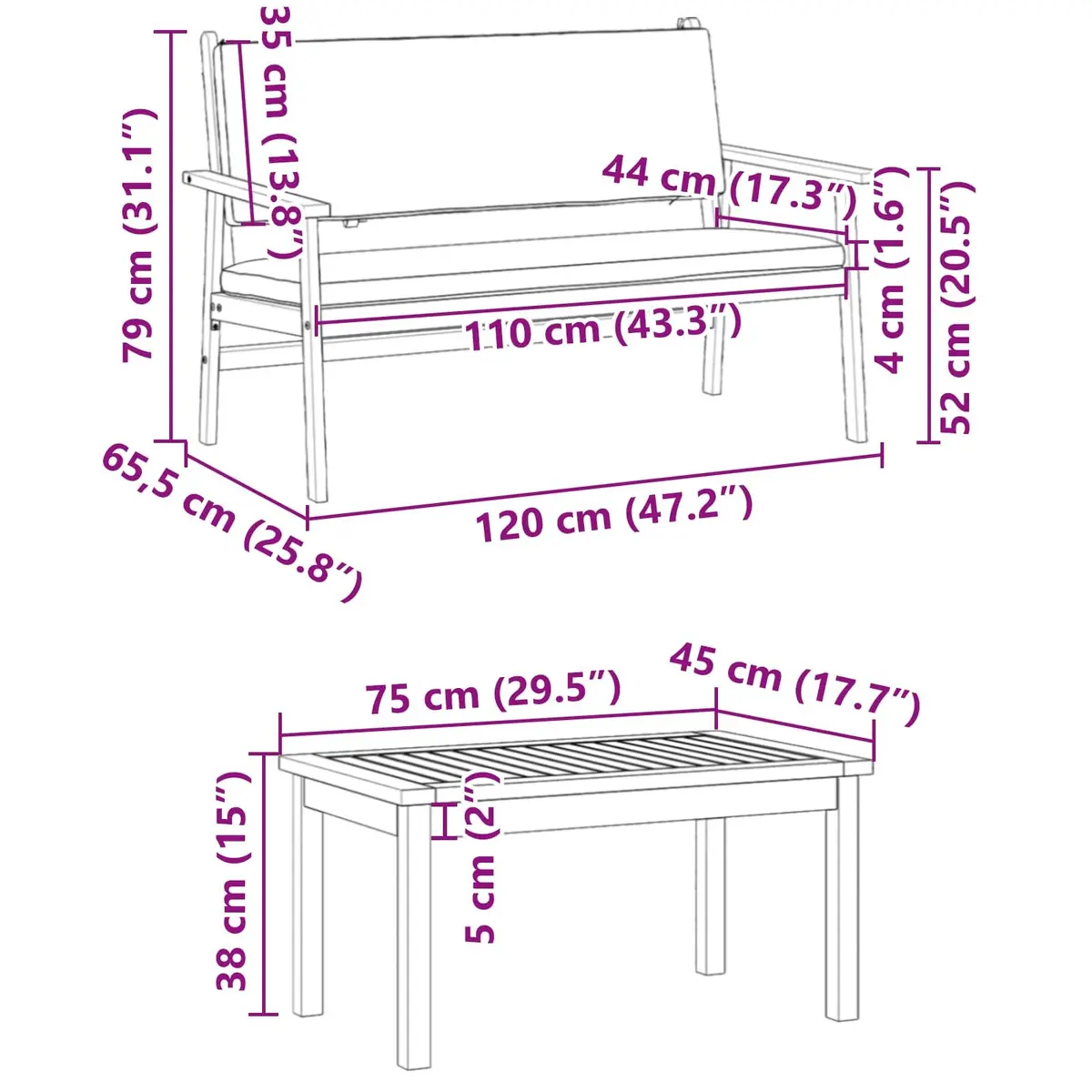 Outdoor Garden Sofa Set 3 Piece Brown Wood Patio Furniture Lounge Chair