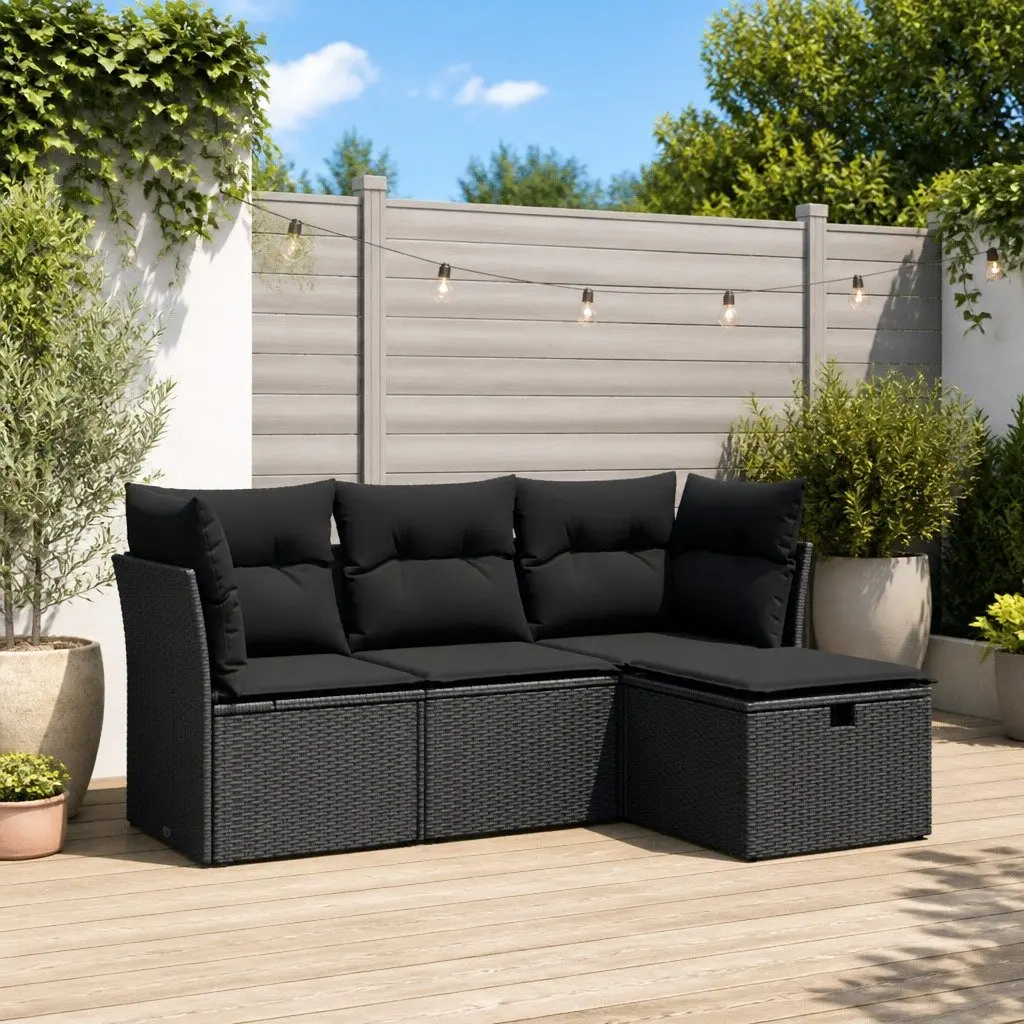 Garden Sofa Set Outdoor Furniture 4 Piece Modular Black Poly Rattan with Cushions