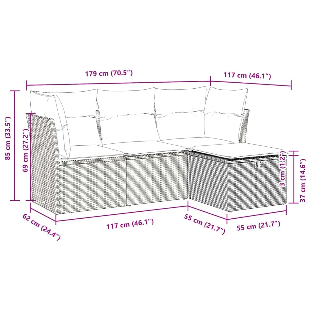 Garden Sofa Set 4 Piece Outdoor Furniture Grey Poly Rattan Modular Patio Lounge