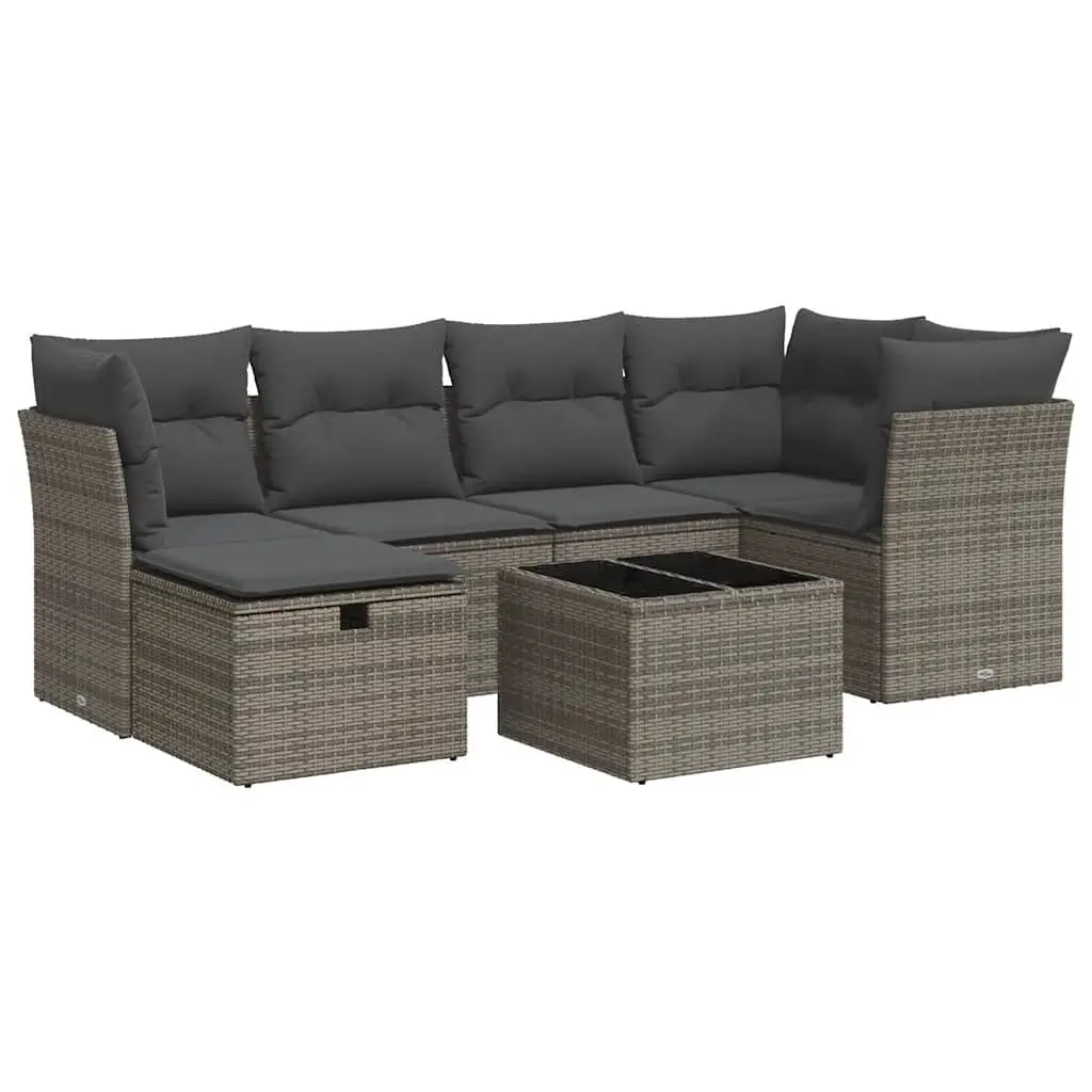 7 Piece Garden Sofa Set with Cushions Grey Poly Rattan Outdoor Furniture