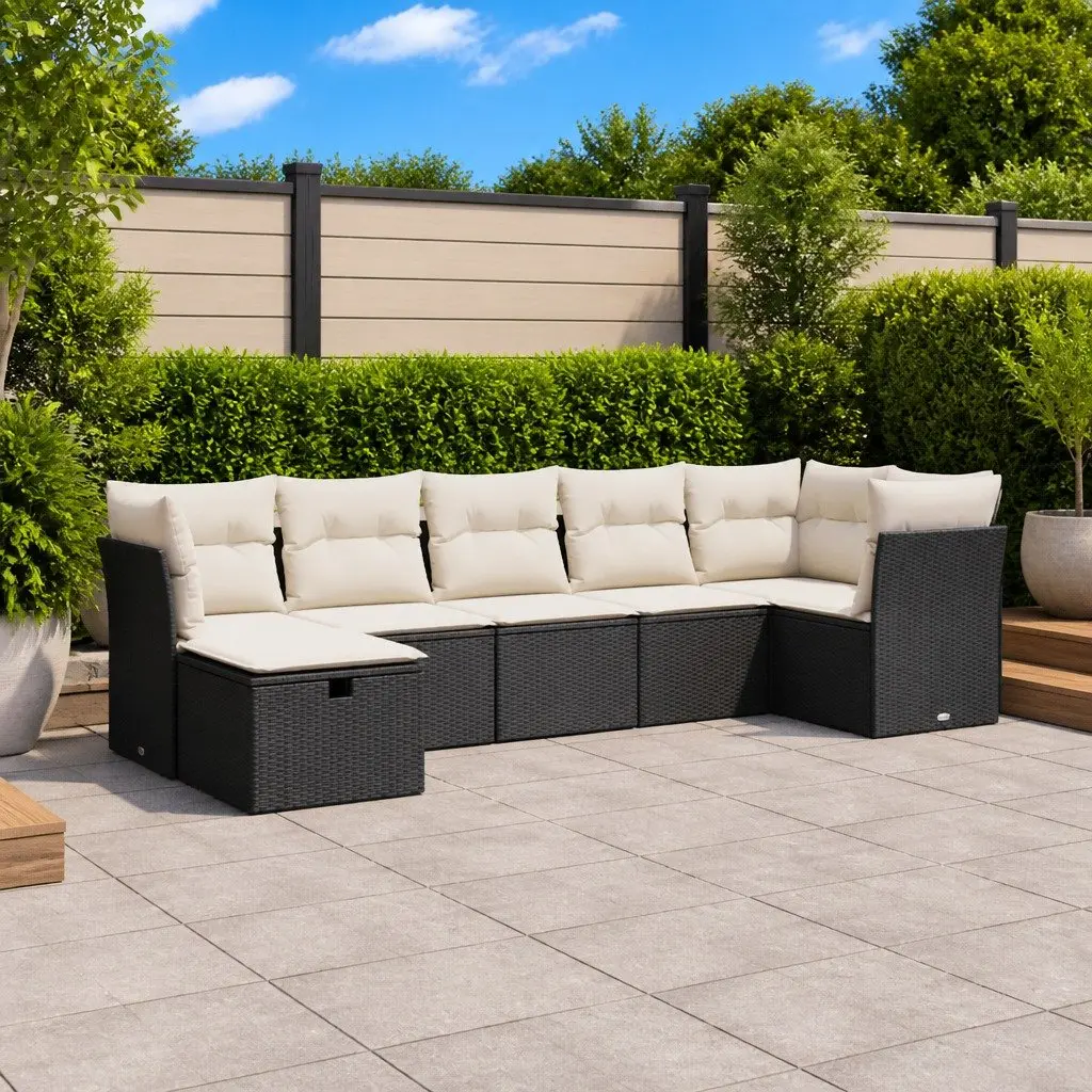 7 Piece Black Poly Rattan Sofa Set
