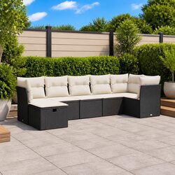 7 Piece Outdoor Garden Sofa Set Black Poly Rattan Patio Furniture with Cushions