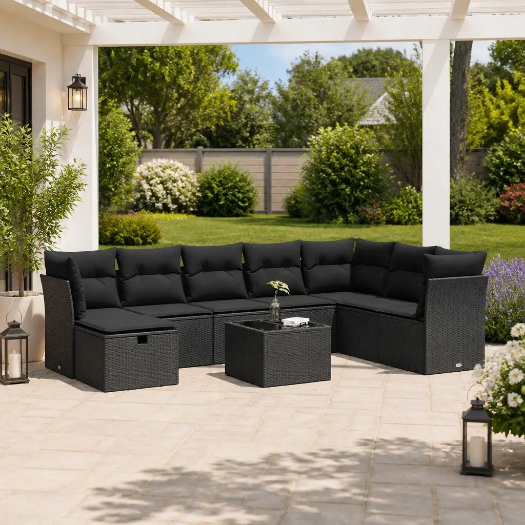 Garden Sofa Set 9 Piece Outdoor Furniture Modular Lounge Black Poly Rattan