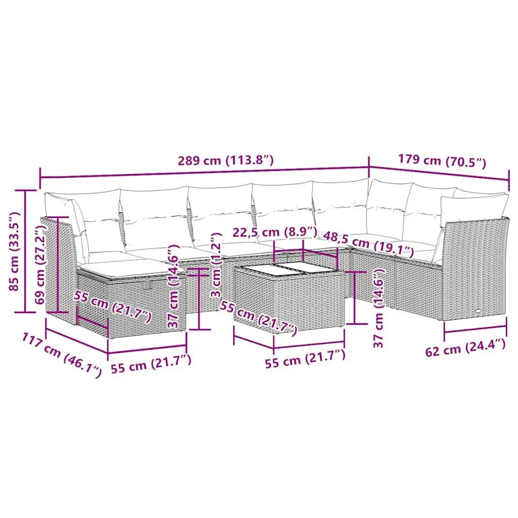 Garden Sofa Set 9 Piece Outdoor Furniture Grey Poly Rattan Modular with Storage