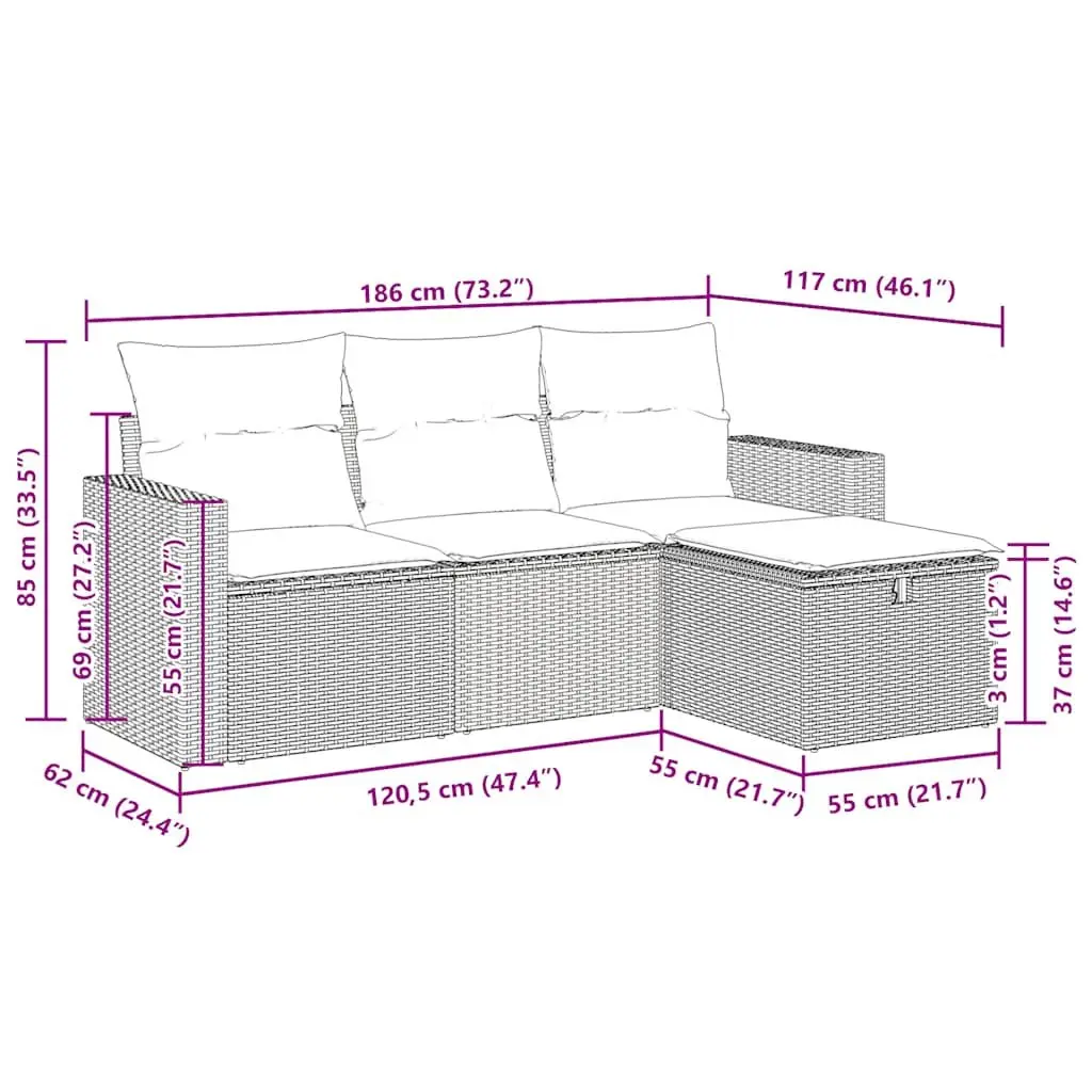 Garden Sofa Set Modular Outdoor Furniture 4 Piece Black PE Rattan