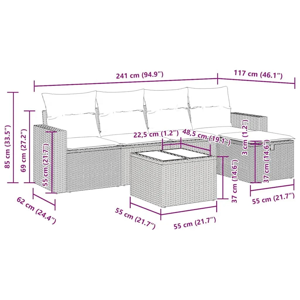 Garden Sofa Set Outdoor Furniture 6 Piece Modular Grey Poly Rattan Patio Lounge