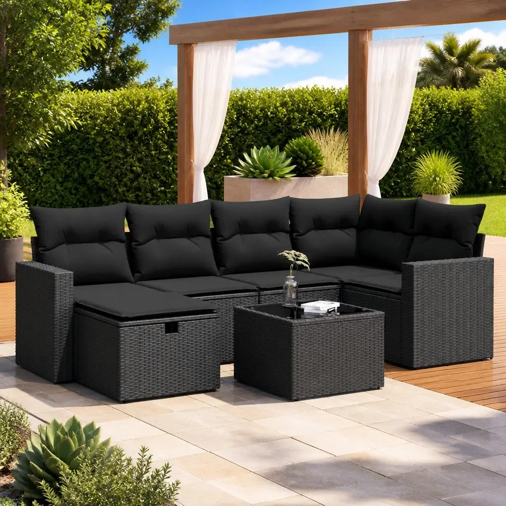 Garden Sofa Set 7 Piece Outdoor Furniture Black Poly Rattan Patio Lounge