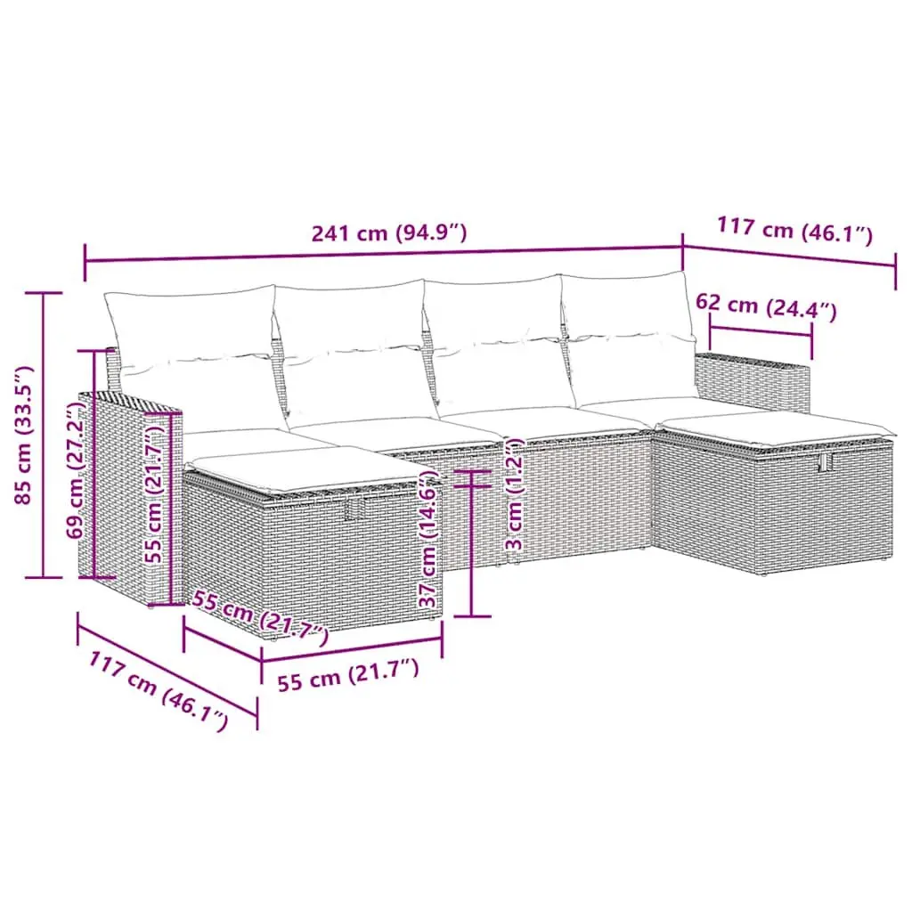 Garden Sofa Set 6 Piece Outdoor Furniture Black PE Rattan Patio Lounge
