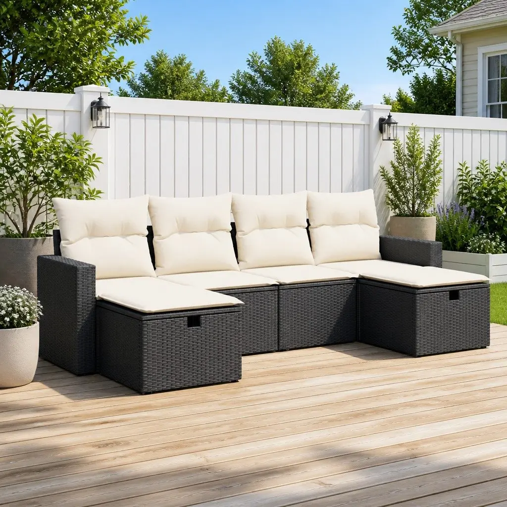 Outdoor Garden Sofa Set 6 Piece Black Poly Rattan Modular Patio Furniture