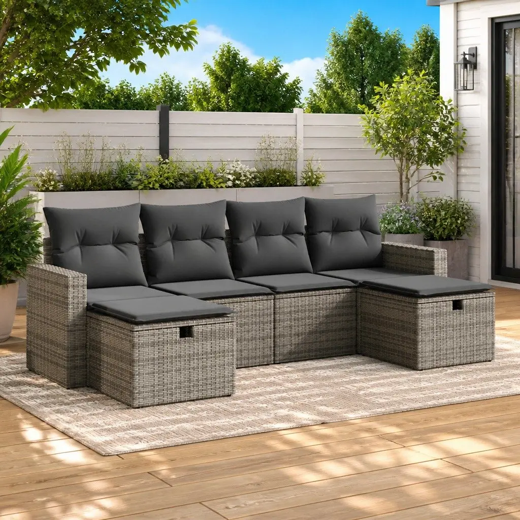 Garden Sofa Set Outdoor Furniture 6 Piece Grey Poly Rattan with Storage Cushions