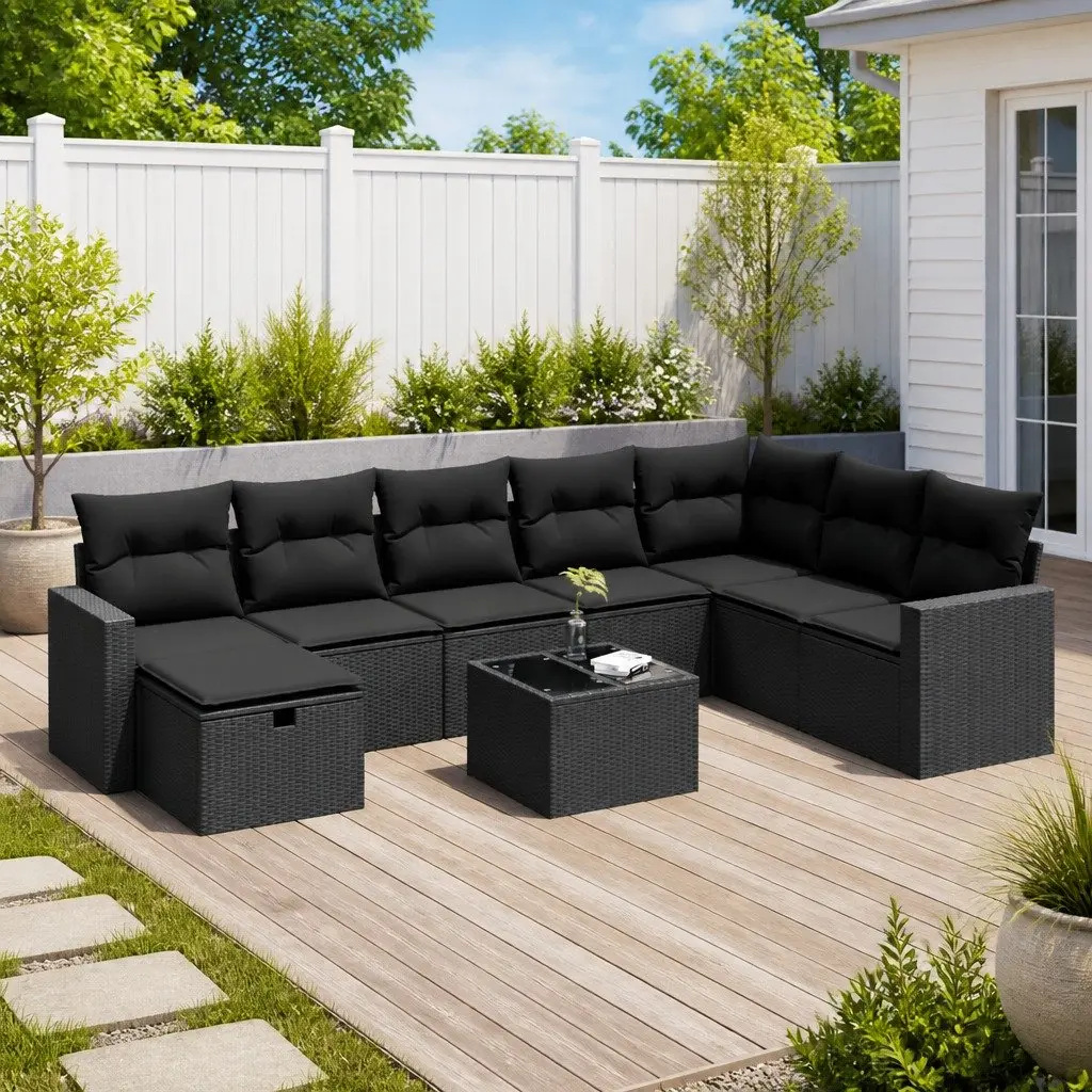Garden Sofa Set 9 Piece Outdoor Furniture Patio Lounge Black Poly Rattan Modular