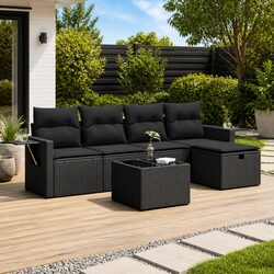 Garden Sofa Set 6 Piece Outdoor Furniture Black Poly Rattan Modular Patio