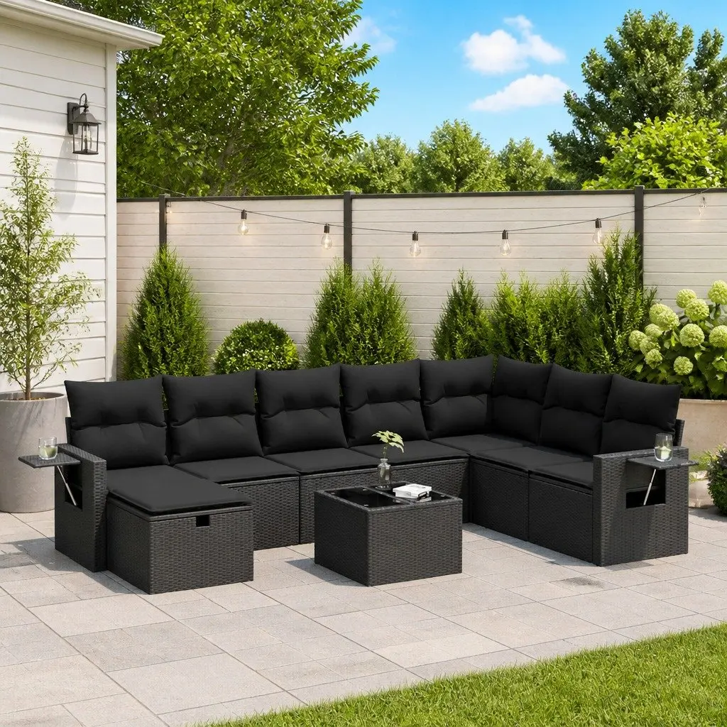 9 Piece Outdoor Garden Sofa Set Black Poly Rattan Patio Furniture