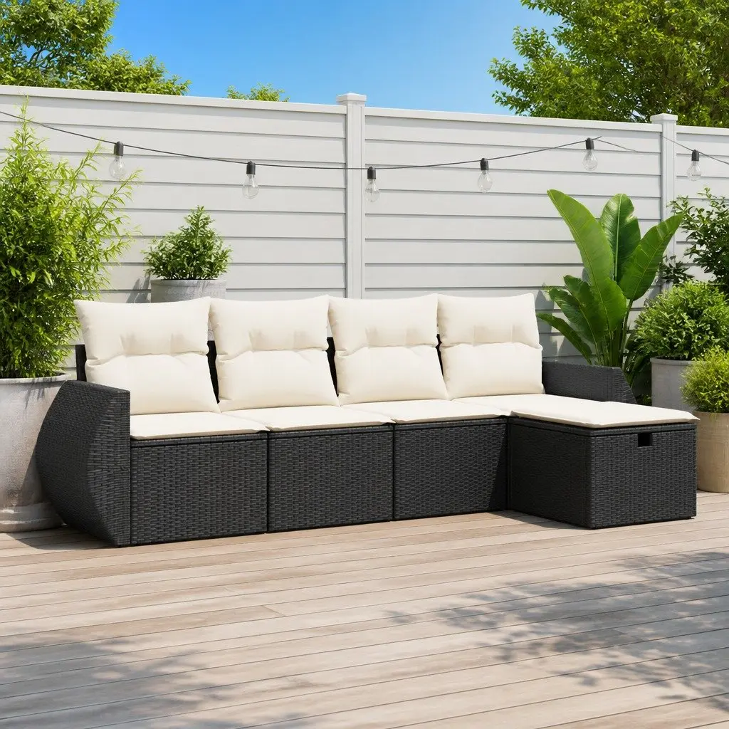 Garden Sofa Set Outdoor Furniture 5 Piece Modular Black Poly Rattan with Cushions Storage