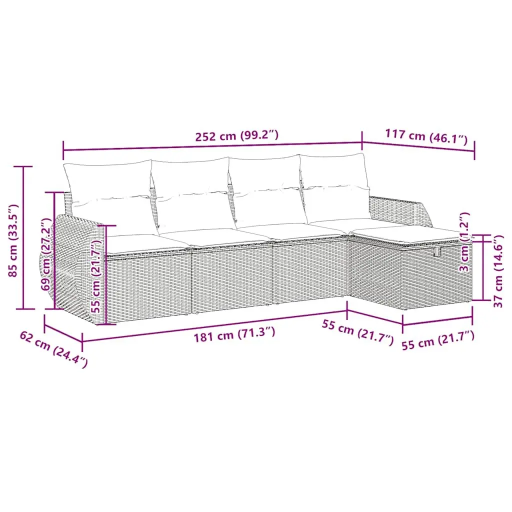 Garden Sofa Set Outdoor Furniture 5 Piece Modular Black Poly Rattan with Cushions Storage