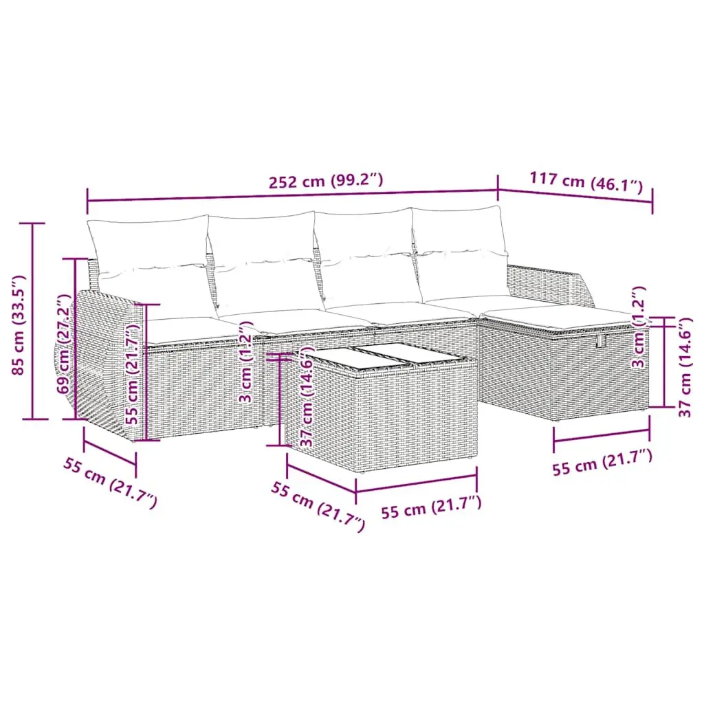 Garden Sofa Set Modular Outdoor Furniture 6 Piece Grey PE Rattan