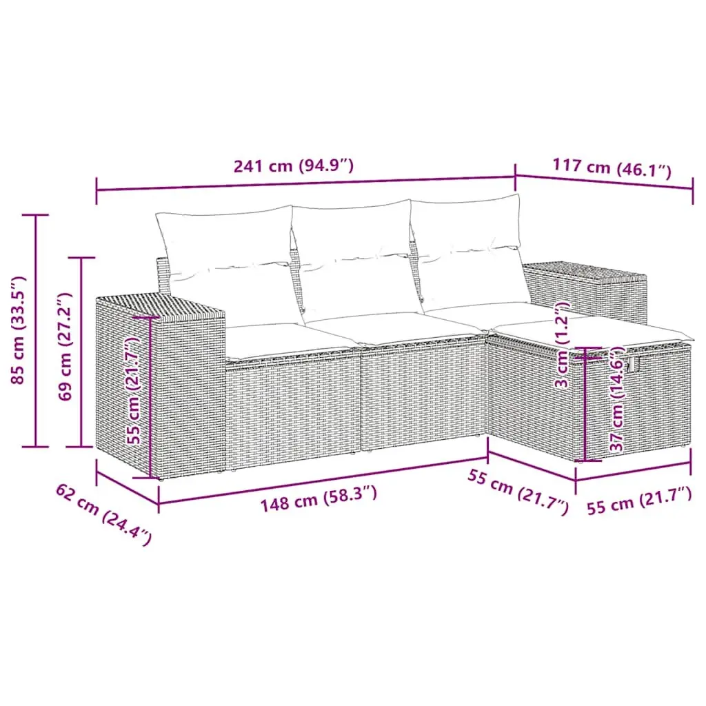 Garden Sofa Set 4 Piece Outdoor Furniture Black Poly Rattan Modular Patio Lounge